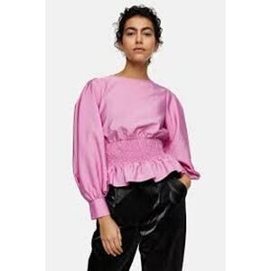 Topshop Women's Pink Smocked Waist Peplum Ruffle Blouse Size 8
